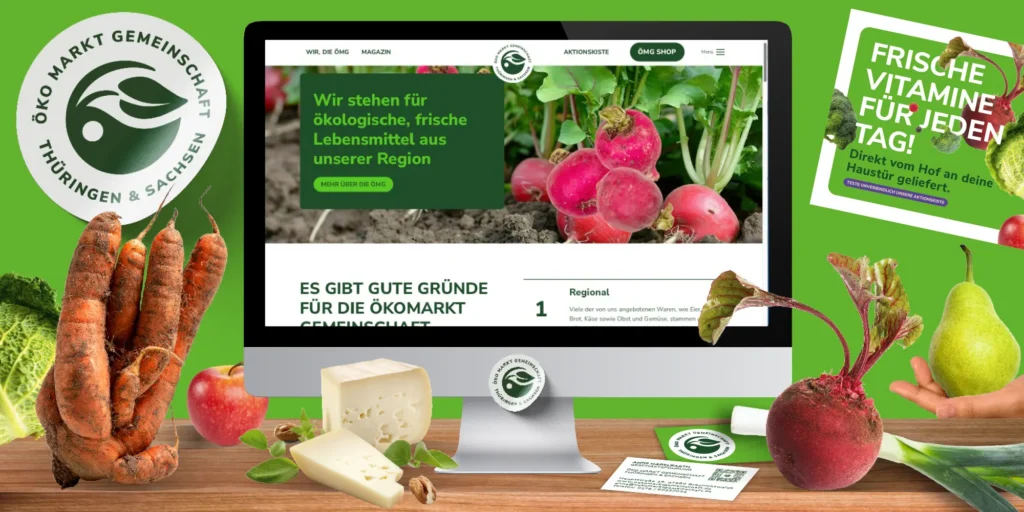 Bildkomposition mit Elementen der Marketingstrategie udn des Corporate Designs für die Ökomarktgemeinschaft Thüringen & Sachsen