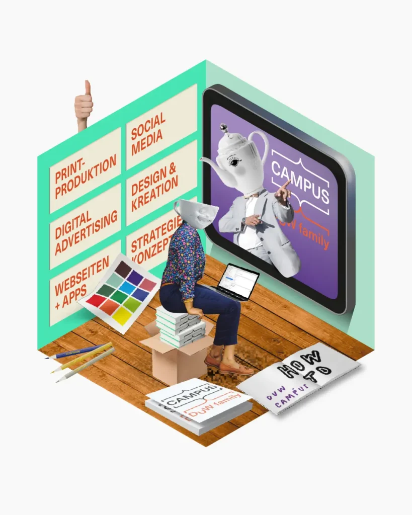 Grafische Darstellung der Leistung "Campus" der DuW family in Form von einem quaderförmigen Raum mit verschiedenen passende Elementen.