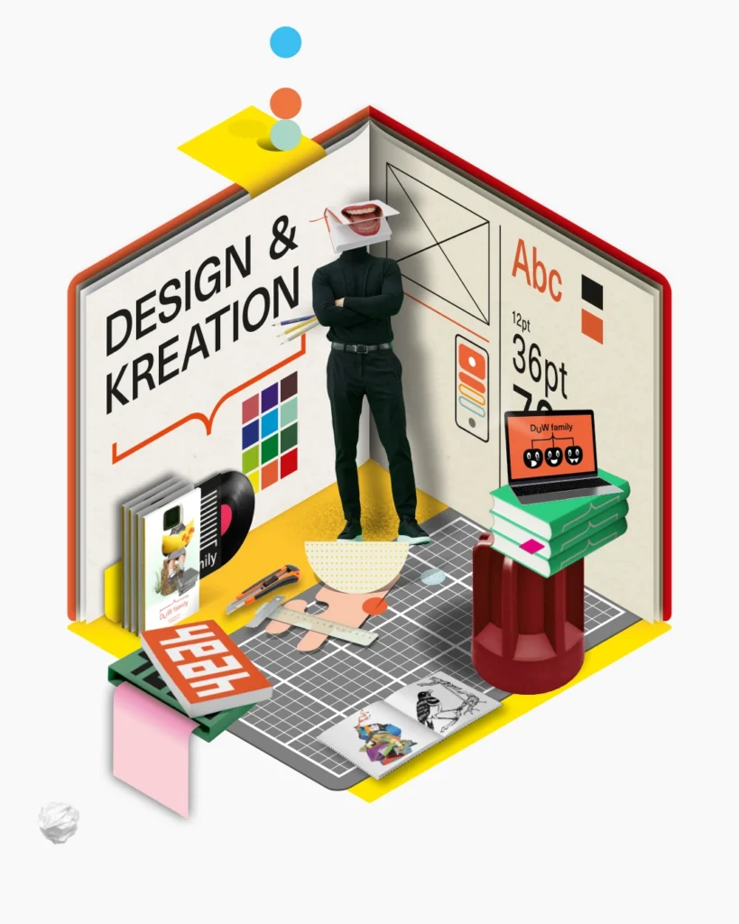 Grafische Darstellung der Leistung "Design und Kreation" der DuW family in Form von einem quaderförmigen Raum mit verschiedenen passende Elementen.