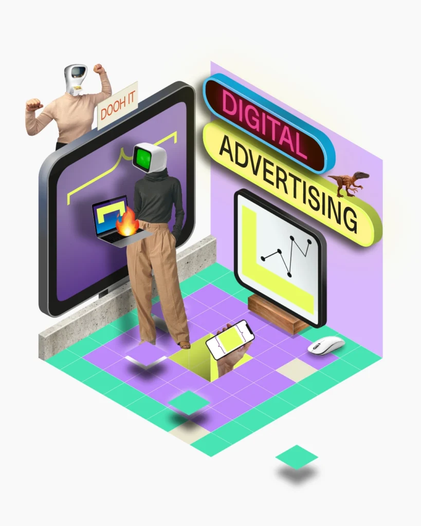 Grafische Darstellung der Leistung "Digital Advertising und Onlinemarketing" der DuW family in Form von einem quaderförmigen Raum mit verschiedenen passende Elementen.