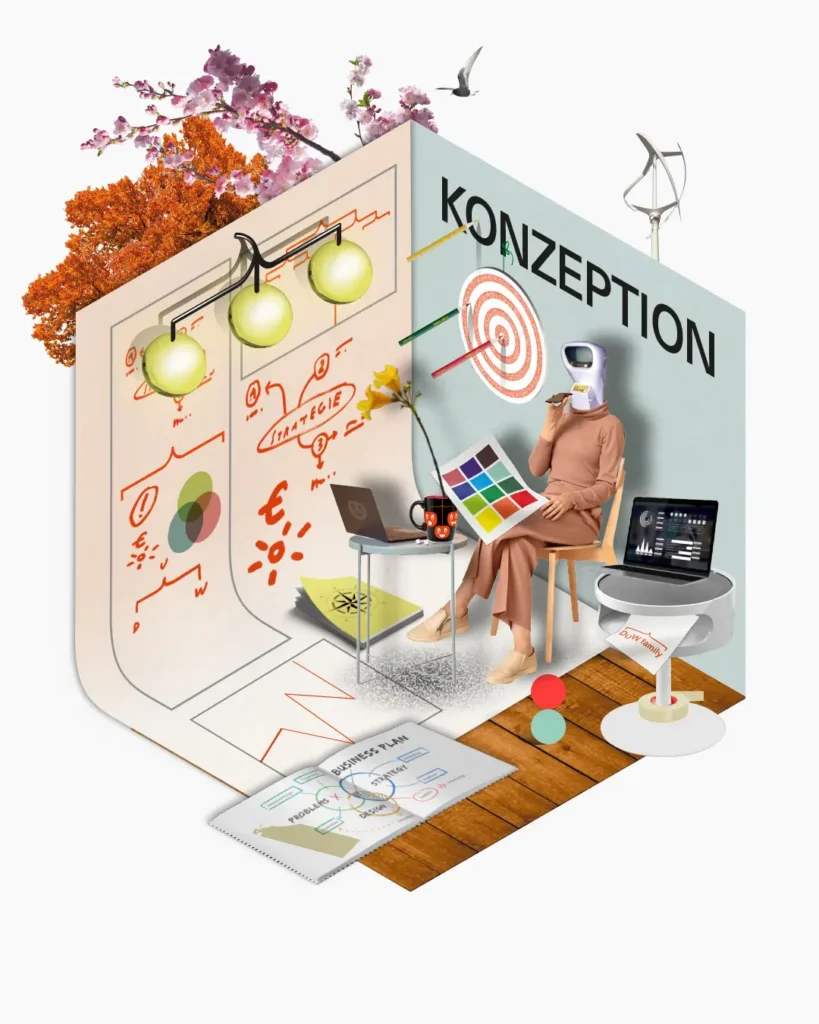 Grafische Darstellung des Leistungsbereichs "Konzeption und Strategie" der DuW family in Form von einem quaderförmigen Raum mit verschiedenen passende Elementen.