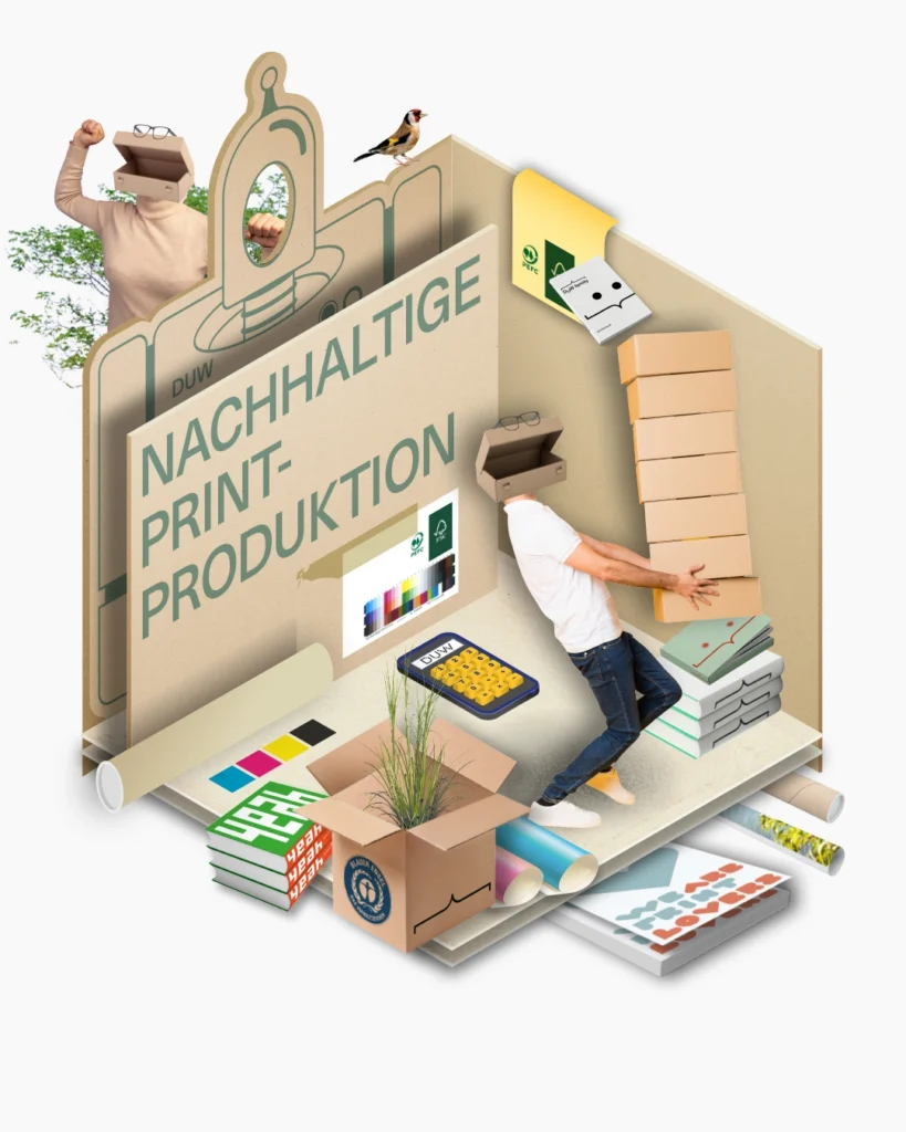 Grafische Darstellung der Leistung "Nachhaltige Printproduktion" der DuW family in Form von einem quaderförmigen Raum mit verschiedenen passende Elementen.