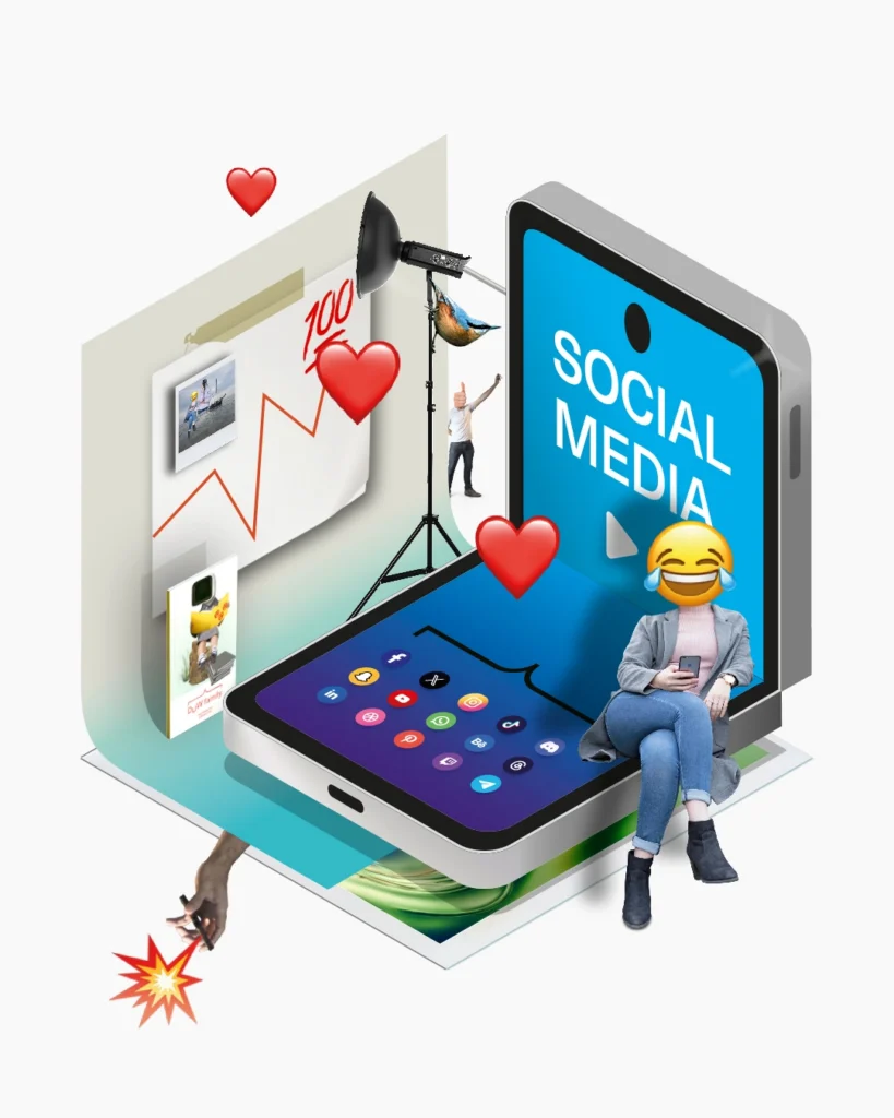 Grafische Darstellung der Leistung "Social Media" der DuW family in Form von einem quaderförmigen Raum mit verschiedenen passende Elementen.