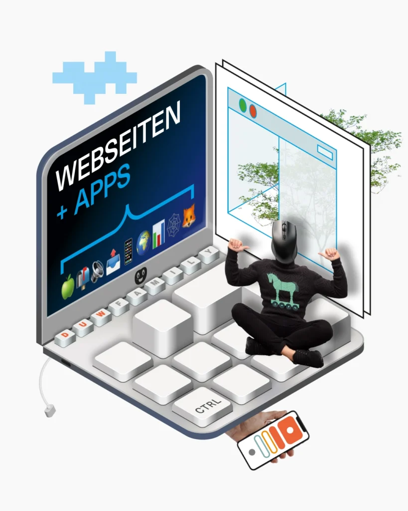 Grafische Darstellung der Leistung "Webseiten und Apps" der DuW family in Form von einem quaderförmigen Raum mit verschiedenen passende Elementen.